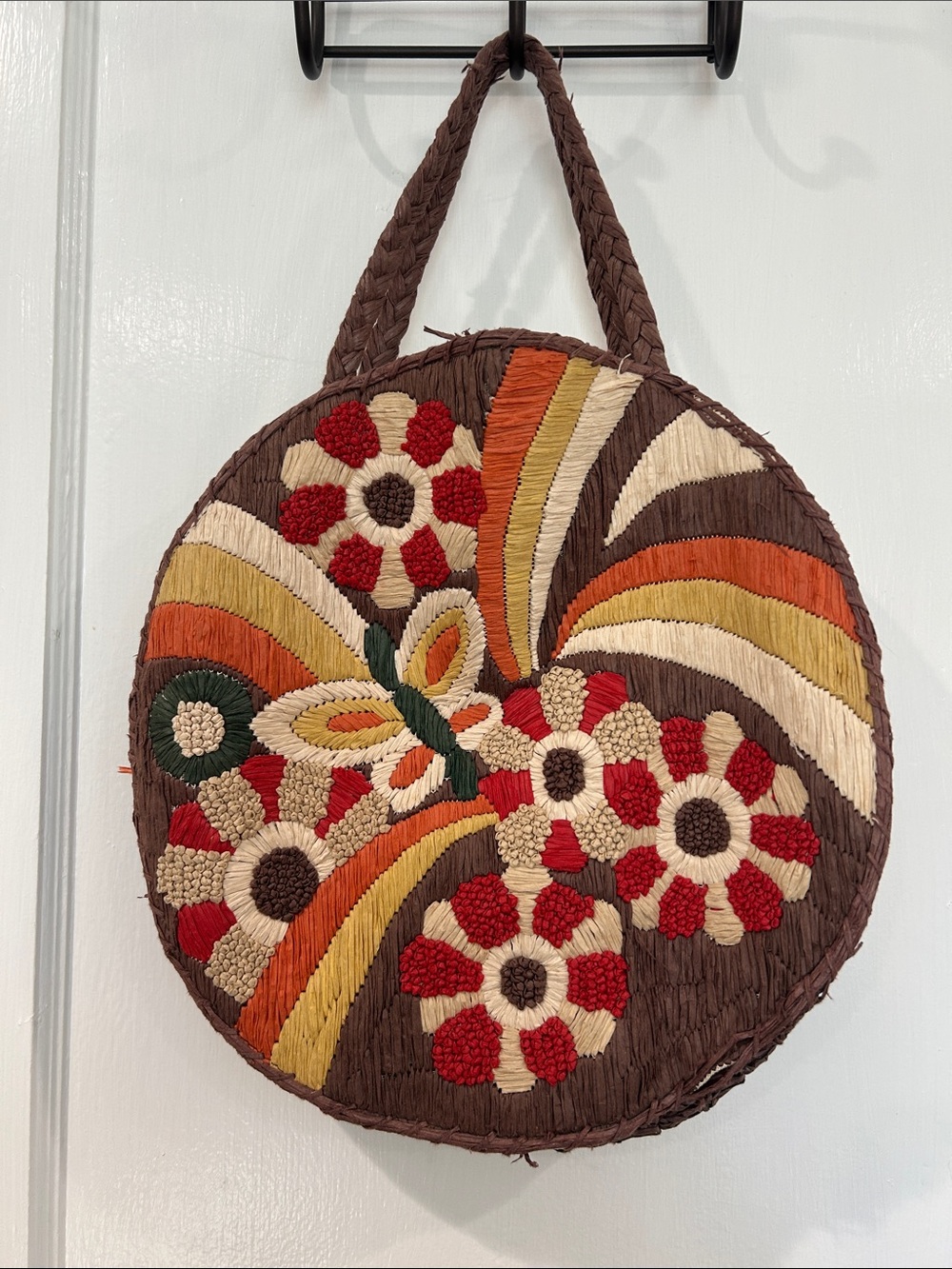Handcrafted Round Floral Wall Hanging in Brown, Red, Cream & Orange